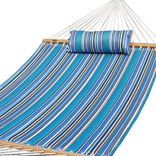 Prime Garden Quilted Fabric Hammock With Pillow Hardwood Spreader Bars 2 People Blue Stripe