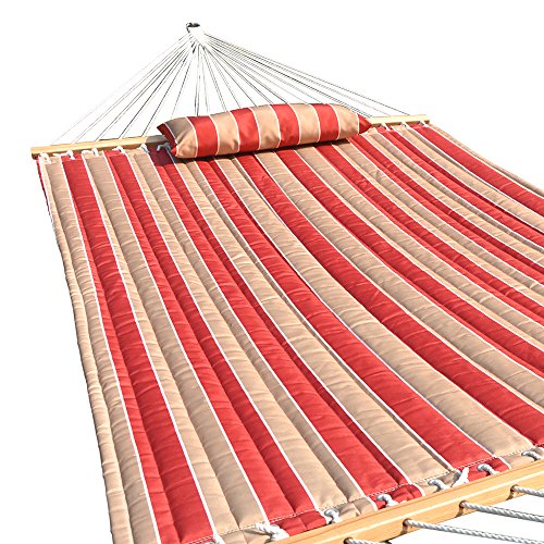 Prime Garden Quilted Fabric Hammock With Pillow Hardwood Spreader Bars 2 People Cherry Stripe