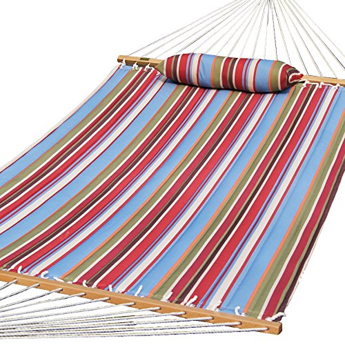 Prime Garden Quilted Fabric Hammock With Pillow Hardwood Spreader Bars 2 People Redsky Blue