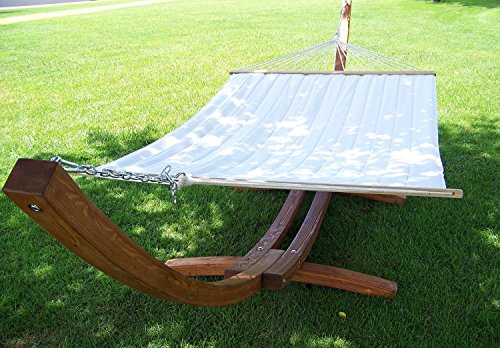 Petra Leisure 14 Ft. Teak Wooden Arc Hammock Stand + Quilted Beige Color, Double Padded Hammock Bed. 2 Person