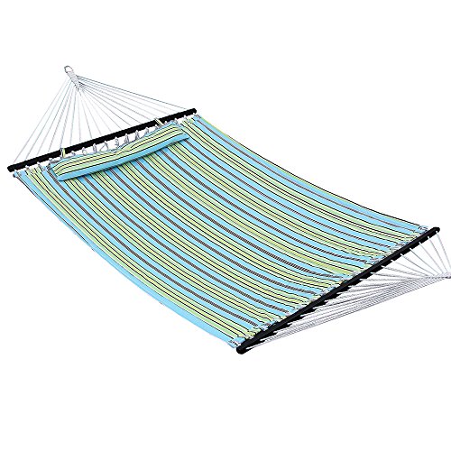Songmics Garden Patio Hammock Quilted Fabric W Detachable Pillow Wooden Spreader 2 Person Heavy-duty Bule&ampgreen