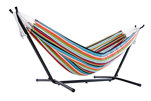 Vivere Double Sunbrella Hammock with Space Saving Steel Stand Carousel Confetti 450 lb Capacity - Premium Carry Bag Included