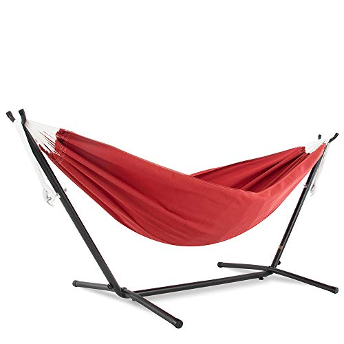 Vivere with Space Saving Steel Stand 9ft Double Sunbrella Hammock 450 lb Capacity-Premium Carry Bag Included Crimson