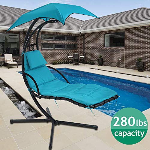 Hammock Chair Hanging Chair Lounge Chairs Outdoor Porch Swing Arc Stand with Canopy Umbrella and Pillow 280 LBS Capacity Heavy Duty Large Air Floating Chaise Chair for Patio Backyard Deck - Blue