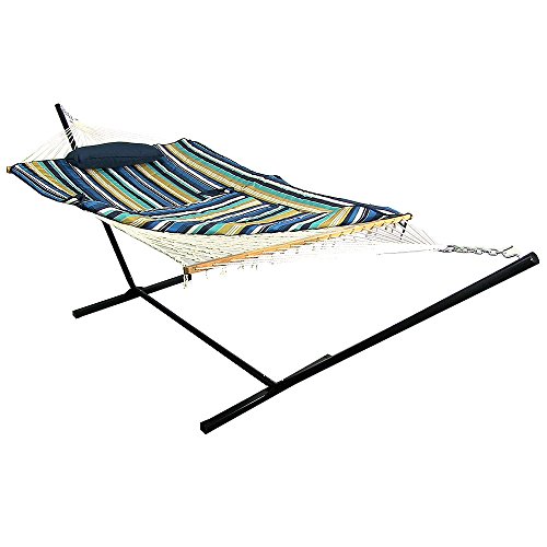 Sunnydaze Cotton Rope Hammock with 12 Foot Portable Steel Stand and Spreader Bar Indoor or Outdoor Use Pad and Pillow Included Lakeview
