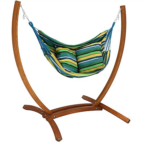 Sunnydaze Hanging Hammock Chair Swing with Sturdy Space-Saving Wooden Stand for Indoor or Outdoor Use Ocean Breeze