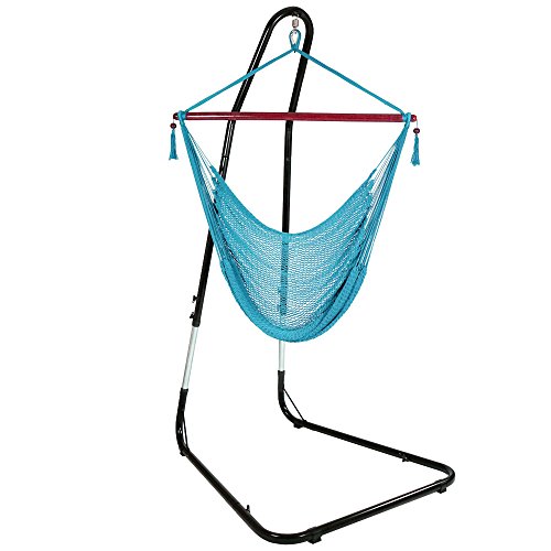 Sunnydaze Hanging Rope Hammock Chair Swing with Adjustable Stand Extra Large Caribbean Sky Blue - for Indoor or Outdoor Patio Yard Porch and Bedroom