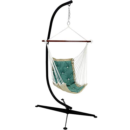 Sunnydaze Tufted Victorian Hanging Rope Hammock Chair with C-Stand Indoor or Outdoor Swing Seat 300-Pound Weight Capacity Sea Green