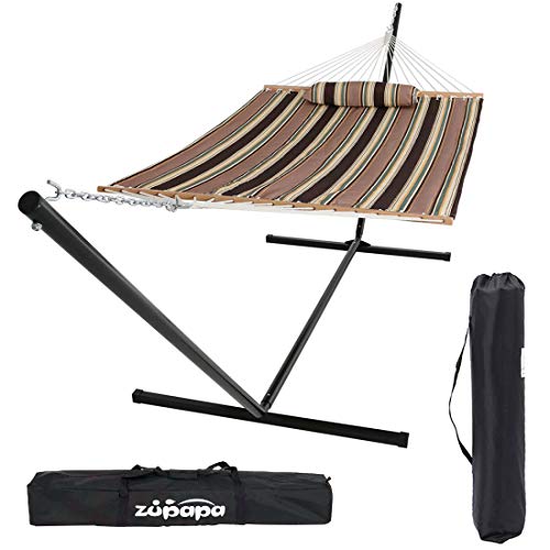 Zupapa 15 Feet Hammock with Stand Heavy Duty 550 Pounds Capacity with Spreader Bars and Pillow 2 Person Double Hammock for Indoor Outdoor Use 2 Storage Bags Included Coffee Stripe