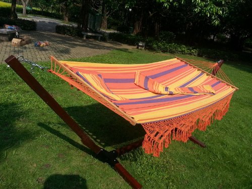 70 Cotton and 30 Polyester 320 Grams Canvas Large Hammock with Long Tarssel and Free Removable Pillow and Draw Closing Bag Without the Wood Stand