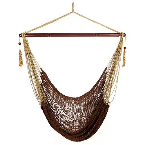 Arad Large Brown Hammock Chair - Hanging Swing Seat Cotton Rope Construction - Comfortable Lightweight Includes Wood Bar - Perfect for Yard Patio or Beach