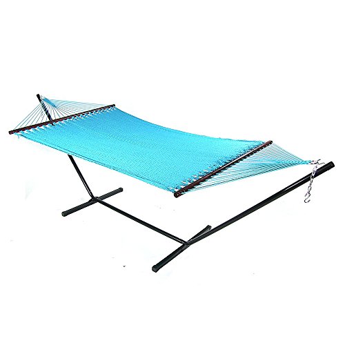 Sunnydaze Large 2 Person Soft-spun Polyester Spreader Bar Rope Hammock With Stand Sky Blue 350 Pound Capacity