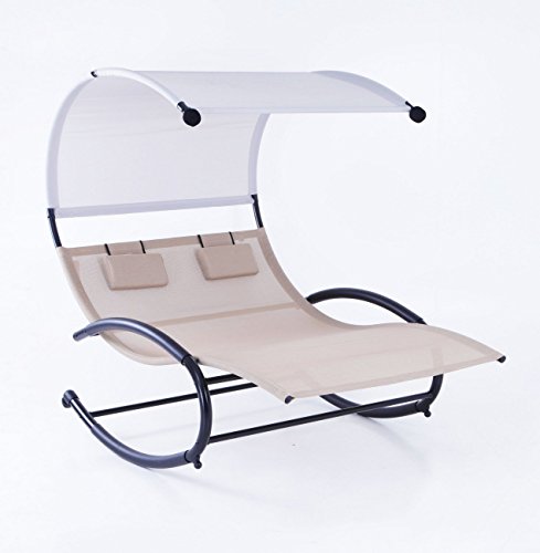 Belleze Double Chaise Rocker Patio Furniture Chair Canopy Pool Swing Rocker Hammock Beige