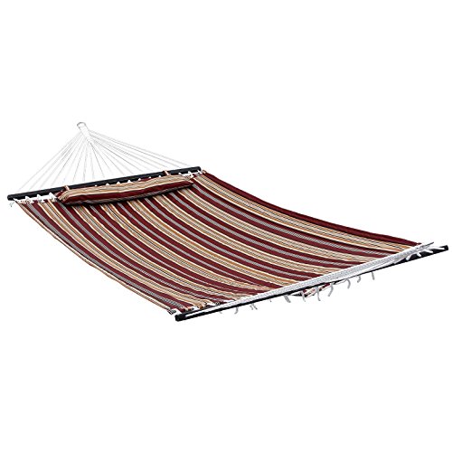 Songmics Garden Patio Hammock Quilted Fabric W Detachable Pillow Wooden Spreader 2 Person Heavy-duty Red&ampyellow