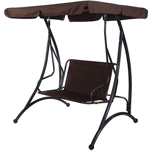 Tangkula 2 Person Canopy Swing Chair Patio Hammock Seat Cushioned Furniture Steel Brown