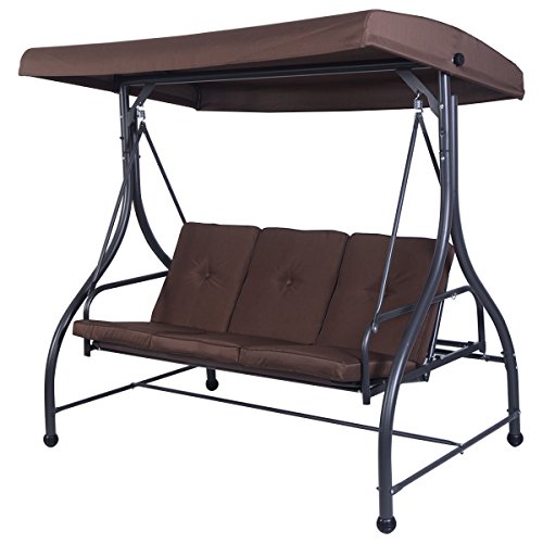 Tangkula Converting Outdoor Swing Canopy Hammock 3 Seats Patio Deck Furniture brown