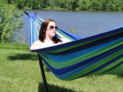 PatioBalconyDeck Brazilian Double Cotton Hammock with Steel Stand - Blue&Green Stripes