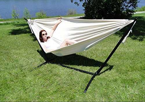 PatioBalconyDeck Brazilian Double Cotton Hammock with Steel Stand - Natural Color