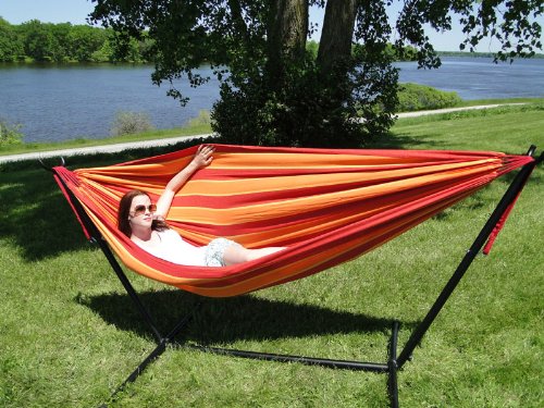 PatioBalconyDeck Brazilian Double Cotton Hammock with Steel Stand - RedOrange Yellow Stripes