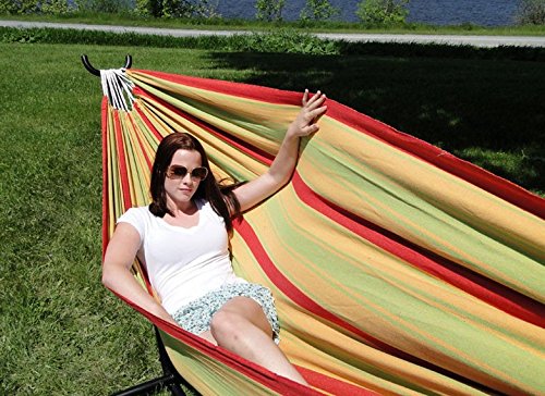 PatioBalconyDeck Brazilian Double Cotton Hammock with Steel Stand - YellowGreenRed Stripes