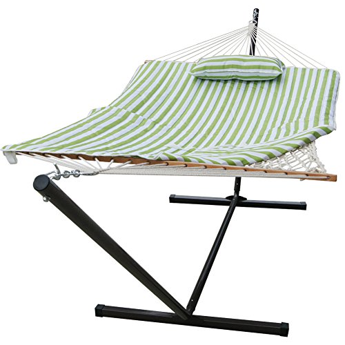 Sundale Outdoor Stripe Cotton Rope Hammock With 12 Feet Steel Stand Quilted Polyester Pad And Pillow green Stripe