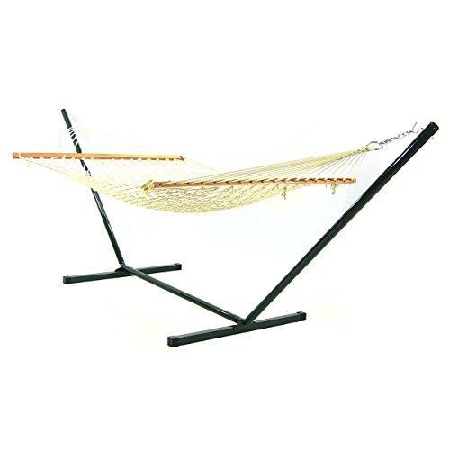 Sunnydaze Cotton Single Person 11 Foot Small Spreader Bar Rope Hammock with Stand 350 Pound Capacity