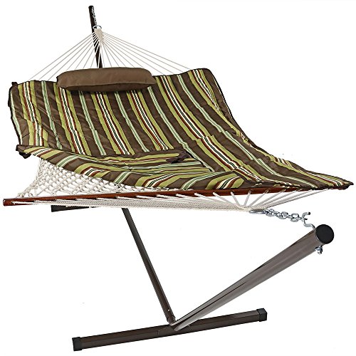 Sunnydaze Desert Stripe Cotton Rope Hammock With 12 Foot Steel Stand Pad And Pillow&mdash350 Pound Capacity