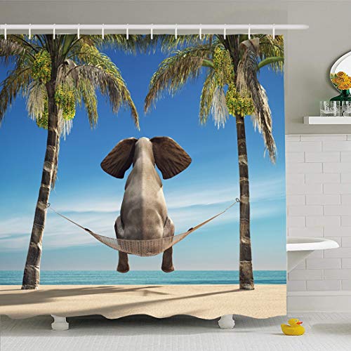 Ahawoso Shower Curtain Set with Hooks 72x78 Funny Ocean Elephant Sitting Hammock On Beach Abstract Zoo Summer This Tree Look Animals Wildlife Waterproof Polyester Fabric Bath Decor for Bathroom