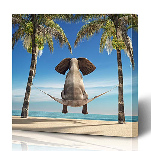 Krezy Decor Canvas Print Wall Art Painting 16x16 Tree Summer Elephant Sitting Hammock On Beach Mammal Look Surreal Funny Abstract African Composite Gallery Wrapped Artwork Home Living Room Office