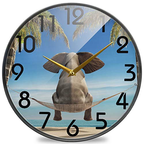Naanle 3D Cute Elephant Sitting Hammock On Beach Pround Wall Clock 12 Inch Silent Battery Operated Quartz Analog Quiet Desk Clock for HomeOfficeSchoolKitchen