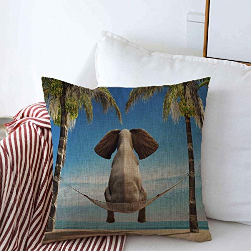 Pillow Case Summer Elephant Sitting Hammock On Beach Freedom Look Surreal Funny Abstract African Composite Design Farmhouse Decorative Throw Pillowcase 16x16 for Sofa Decorations