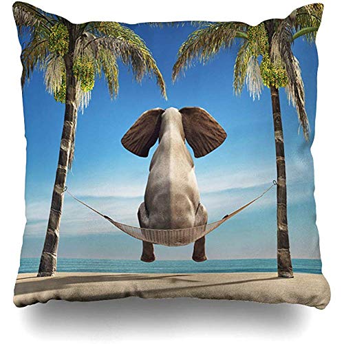 Throw Pillow Cover Square Case 18x18 Inch Tree Summer Elephant Sitting Hammock On Beach Mammal Look Surreal Funny Abstract African Composite Cushion Home Decor Pillowcase