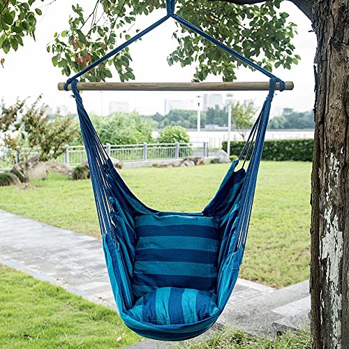 Large Hanging Rope Chair Swing Hanging Hammock Chair Porch Swing Seat with 2 Seat Cushions for Indoor or Outdoor Spaces Max330 Lbs Dark Blue