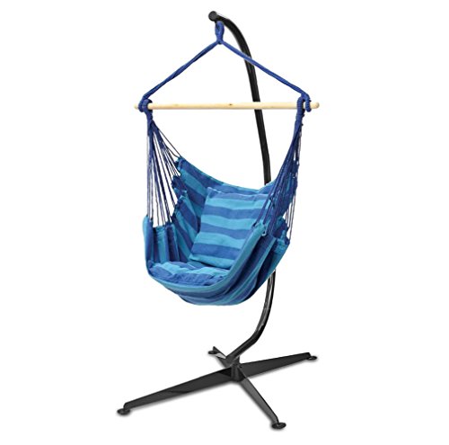 Flexzion Hanging Rope Chair Blue - Portable Canvas Striped Swing Hammock Sleeping Bed Porch Seat Weight Capacity 265 Lbs With Solid Steel C Stand for Oudoor and Indoor