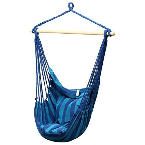 Wakrays Hanging Rope Chair Durable Hammock Swing Seat With Two Cushions (blue)