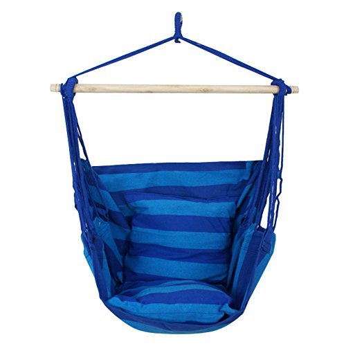 Zeny Hanging Rope Hammock Chair Swing Seat for Indoor or Outdoor Spaces- Max 265 Lbs -2 Seat Cushions Included Blue Stripe