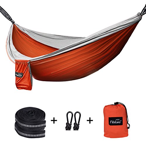 Fvolcano Camping Hammock Premium Outdoor Hammock Ultralight Parachute Nylon w Solid Steel Carabiners Nautical-Grade Rope for Backpacking Beach Backyard Travel Adventures - OrangeGrey