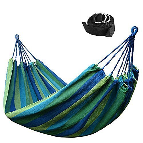 Luckymoo Double Canvas Travel Hammock  Outdoor Bed 98559 Inches 400lbs  2 Hammock Tree Straps Rainbow Color Blue Blue