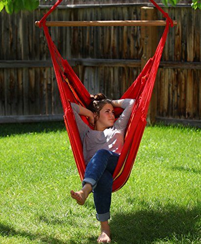 Authentic Brazilian Hammock Large Hanging Rope Chair Swing Hand Made in Brazil for Yards Bedrooms Porches Indoor  Outdoor Built by Traditional Artisans Red Stripes