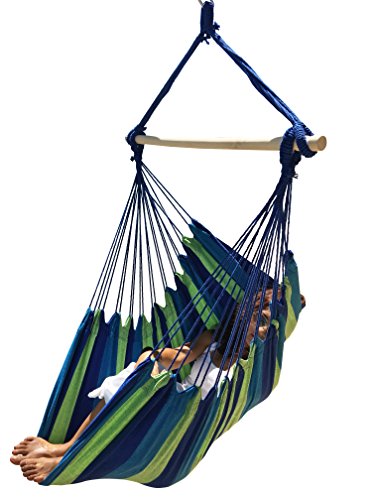 Large Brazilian Hammock Chair by Hammock Sky - Quality Cotton Weave for Superior Comfort Durability - Extra Long Bed - Hanging Chair for Yard Bedroom Porch Indoor  Outdoor Blue Green