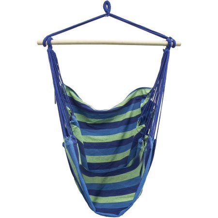 Large Cotton Weave Brazilian Hammock Chair Swing Set Extra-Long Bed Blue and Green Stripes