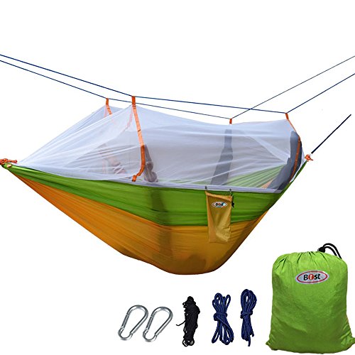 B1ST Nylon Portable Parachute Dual Hammock with Mosquito Net Jungle Hammock for Travel Camping Outdoor Bed Yellow with Tree straps and Carabiners