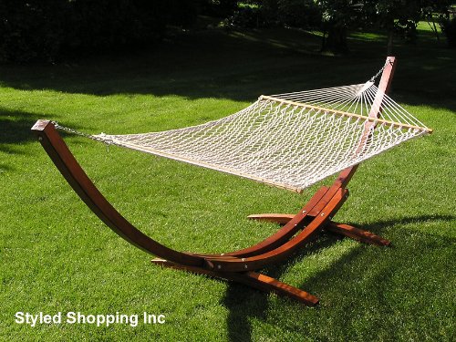 Deluxe Wood Arc Hammock Stand  Two Person White Soft Polyester Rope Hammock