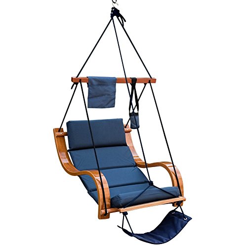 LazyDaze Hammocks Patio Garden Outdoor Deluxe Hanging Hammock Lounger Chair with Cup HolderFootrest&Hardware Capacity 350 lbs Navy Blue