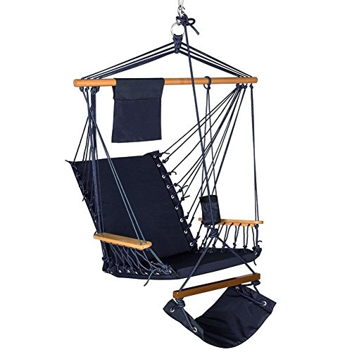 LazyDaze Hammocks Patio Garden Outdoor Hanging Hammock Swing Lounger Chair with Cup HolderFootrest&Hardware Capacity 350 lbs Navy Blue