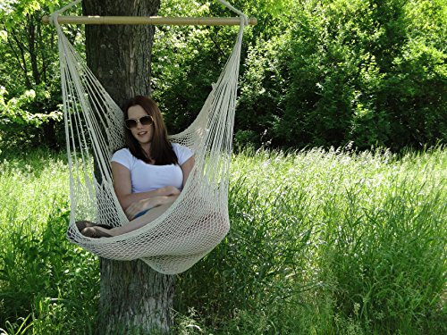Mayan Hammock Chair by Krazy Outdoors - Large Hanging Swing Seat Cotton Rope Construction - Comfortable Lightweight Includes Wood Bar - Perfect for Yard and Patio Natural White