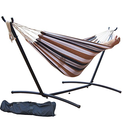 Prime Garden 9 Double Hammock with Space Saving Steel Hammock Stand Elegant Desert Stripe