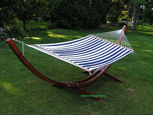 Deluxe Wood Arc Hammock Stand Including  Two Person Blue And White Quilted Hammock