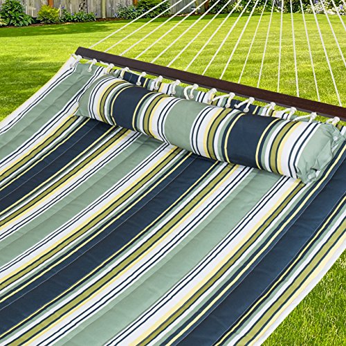 Best Choice Products Hammock Quilted Fabric With Pillow Double Size Spreader Bar Green Stripe
