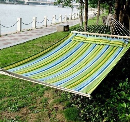 Outdoor New Blue Green Hammock Cotton Sleeping Bed Camping Double Size wPillow